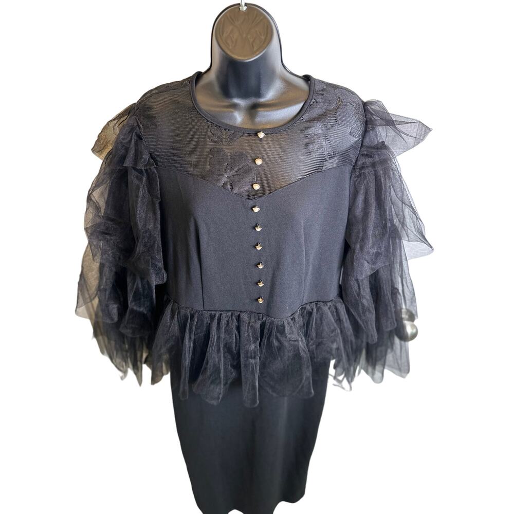 Shein Black Midi Sheer Mesh Ruffle Sleeve Peplum Dress Whimsigoth Dary Fairy